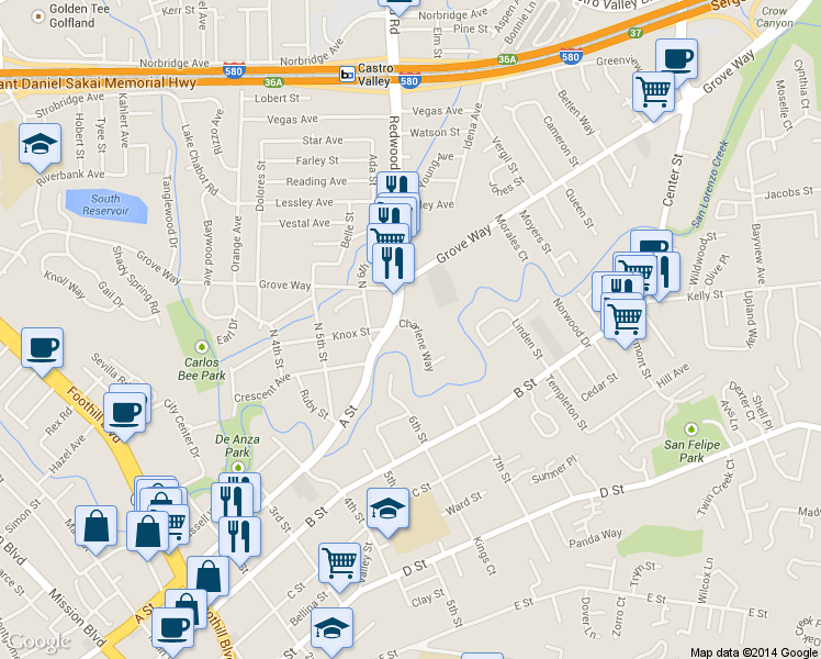 map of restaurants, bars, coffee shops, grocery stores, and more near 22417 Charlene Way in Castro Valley