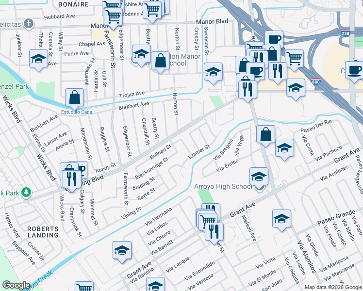 map of restaurants, bars, coffee shops, grocery stores, and more near 15447 Maureen Street in San Leandro