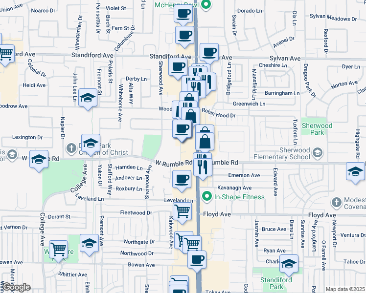 map of restaurants, bars, coffee shops, grocery stores, and more near 3025 McHenry Avenue in Modesto