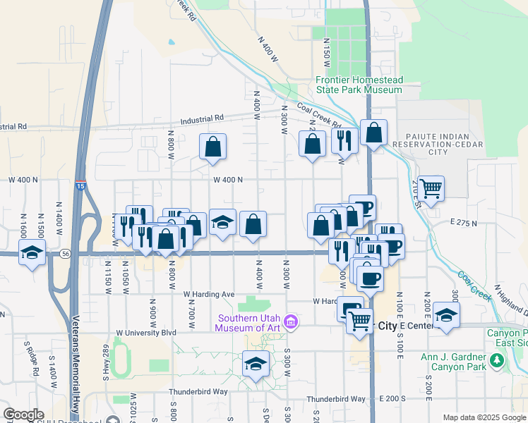map of restaurants, bars, coffee shops, grocery stores, and more near 316 North 400 West in Cedar City