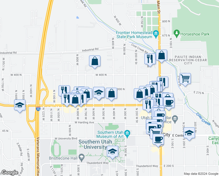 map of restaurants, bars, coffee shops, grocery stores, and more near 303 North 400 West in Cedar City