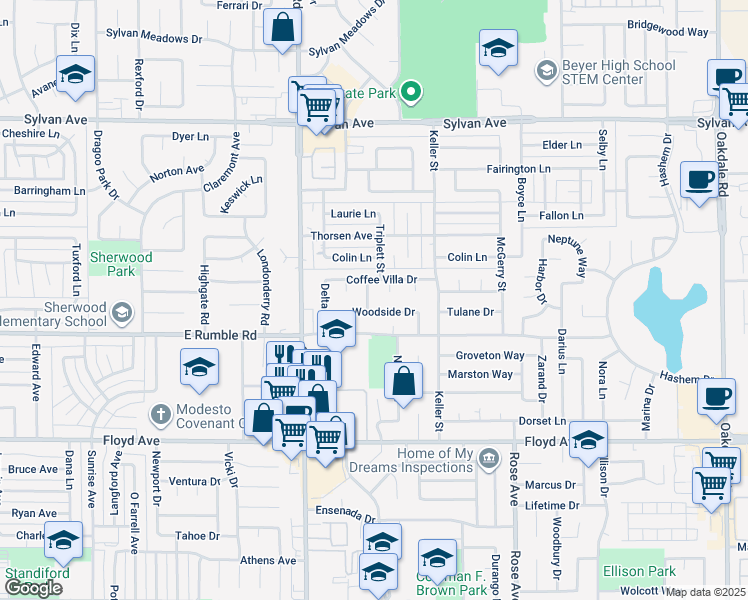map of restaurants, bars, coffee shops, grocery stores, and more near 3100 Elgin Way in Modesto