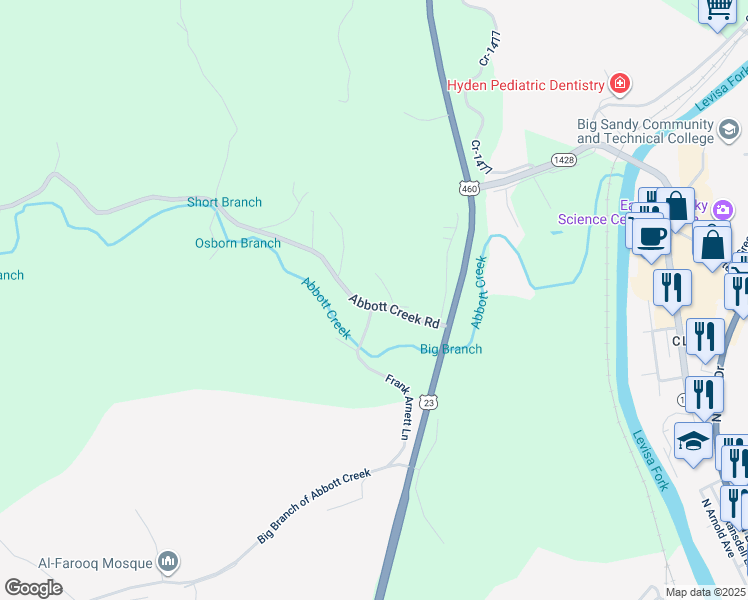 map of restaurants, bars, coffee shops, grocery stores, and more near 176 Abbott Creek Road in Prestonsburg