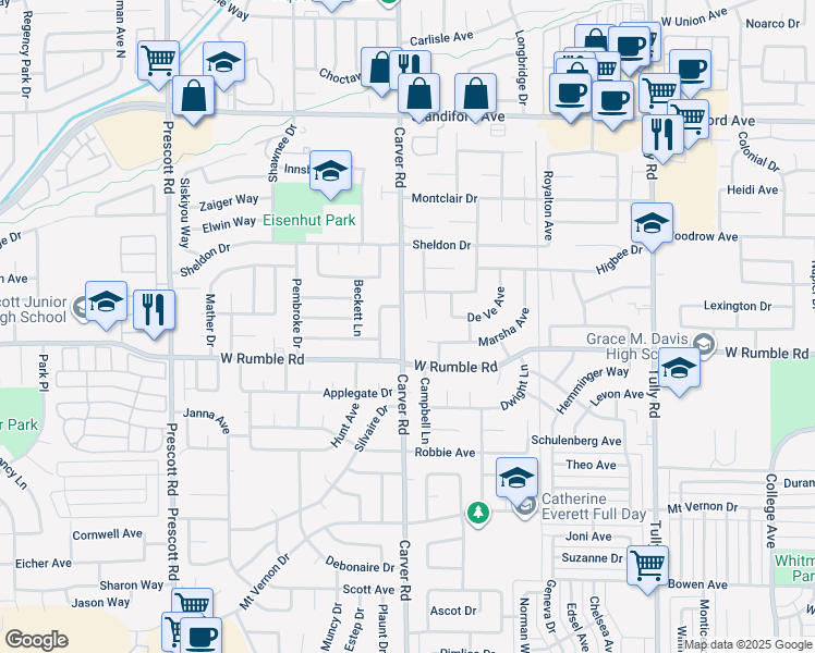 map of restaurants, bars, coffee shops, grocery stores, and more near 3024 Carver Road in Modesto