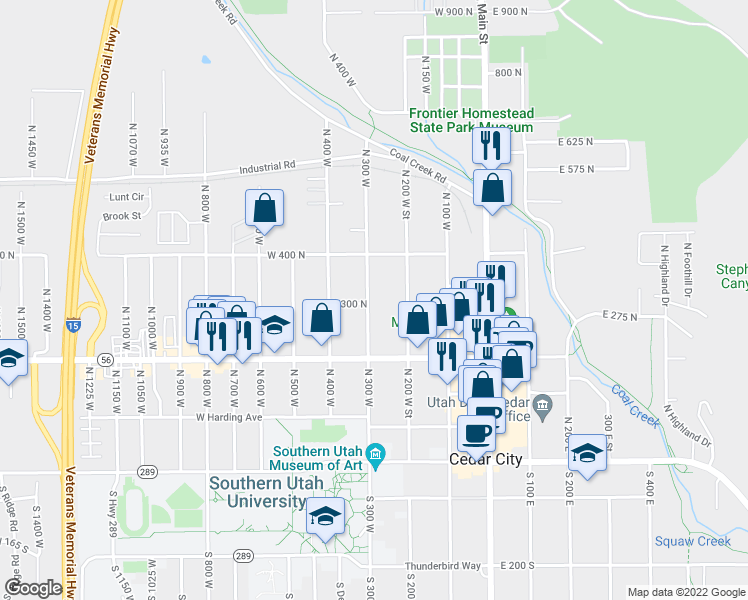 map of restaurants, bars, coffee shops, grocery stores, and more near 314 North 300 West in Cedar City