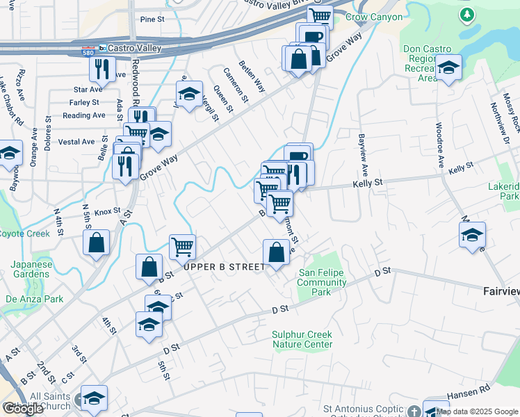 map of restaurants, bars, coffee shops, grocery stores, and more near 22598 Arlette Avenue in Hayward