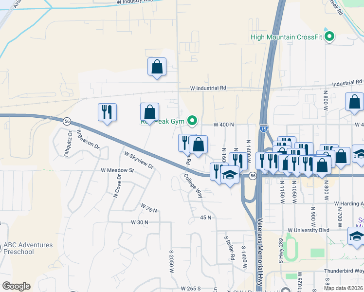 map of restaurants, bars, coffee shops, grocery stores, and more near 201-345 North Airport Road in Cedar City