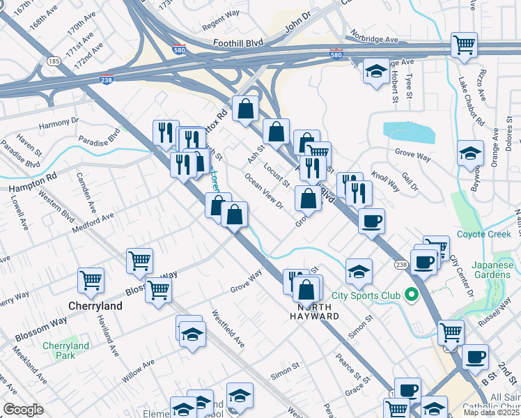 map of restaurants, bars, coffee shops, grocery stores, and more near 1141 Apple Avenue in Hayward