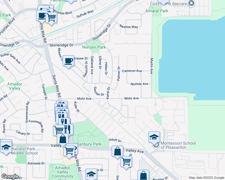 map of restaurants, bars, coffee shops, grocery stores, and more near 5500 Bruce Drive in Pleasanton