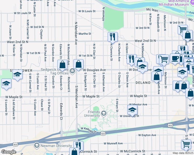 map of restaurants, bars, coffee shops, grocery stores, and more near 132 South Saint Clair Street in Wichita