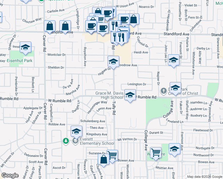 map of restaurants, bars, coffee shops, grocery stores, and more near 3013 Tully Road in Modesto
