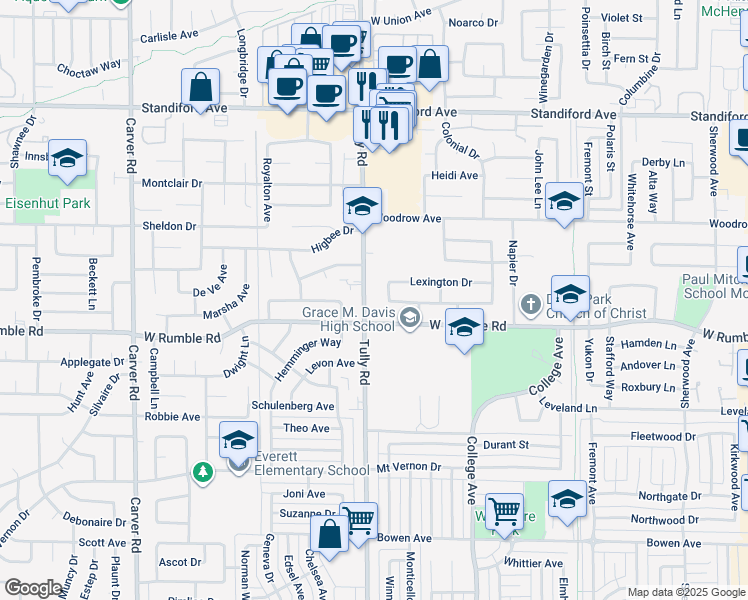 map of restaurants, bars, coffee shops, grocery stores, and more near 3015 Tully Road in Modesto