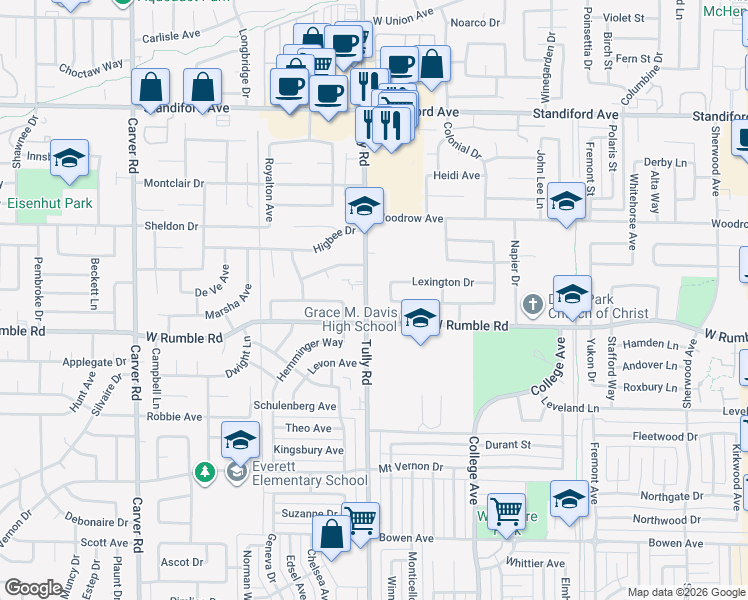 map of restaurants, bars, coffee shops, grocery stores, and more near 3015 Tully Road in Modesto