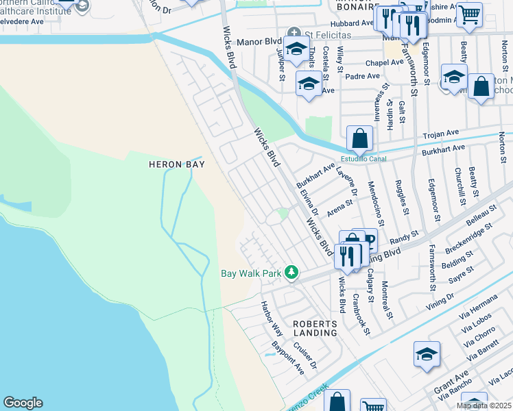 map of restaurants, bars, coffee shops, grocery stores, and more near 525 Santa Ynez in San Leandro