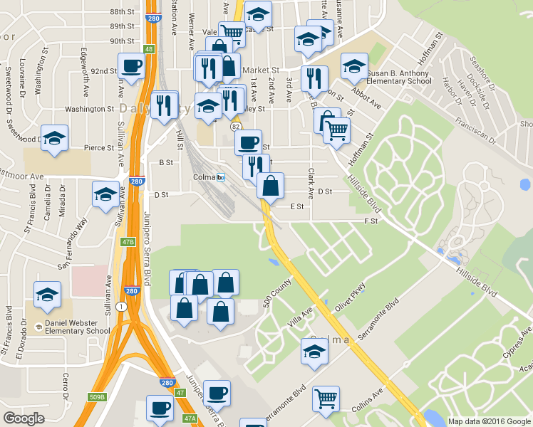 map of restaurants, bars, coffee shops, grocery stores, and more near 7801 El Camino Real in Colma