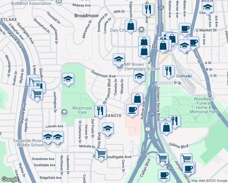 map of restaurants, bars, coffee shops, grocery stores, and more near 163 Camelia Drive in Daly City