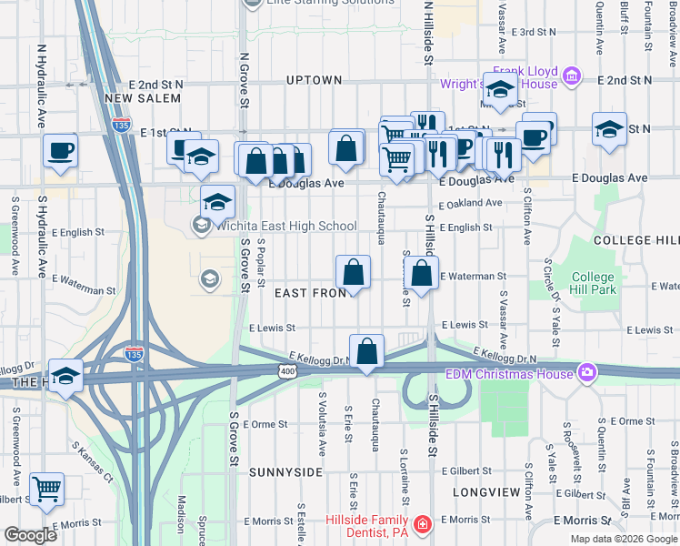 map of restaurants, bars, coffee shops, grocery stores, and more near 240 Volutsia in Wichita