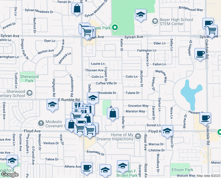 map of restaurants, bars, coffee shops, grocery stores, and more near 3100 Burtano Ct in Modesto