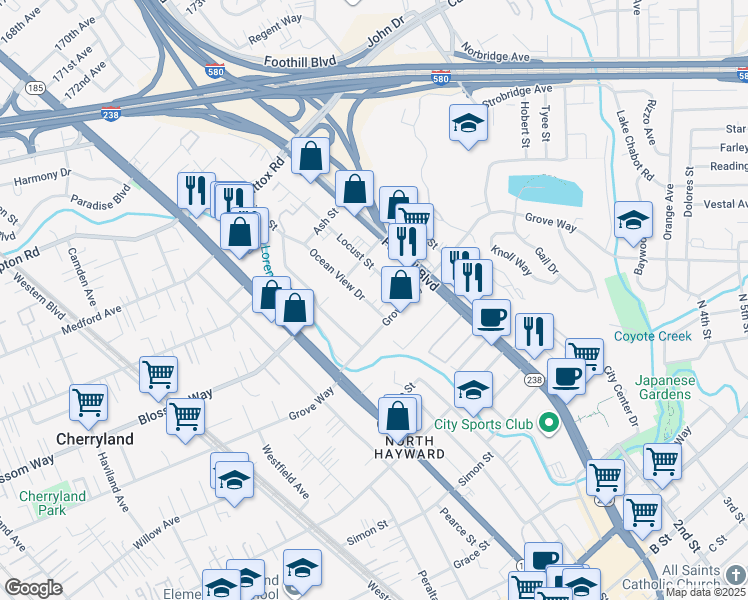 map of restaurants, bars, coffee shops, grocery stores, and more near 21438 Ocean View Drive in Hayward