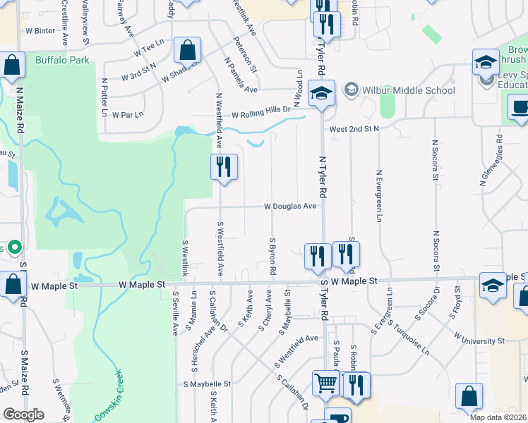 map of restaurants, bars, coffee shops, grocery stores, and more near 101 South Byron Road in Wichita