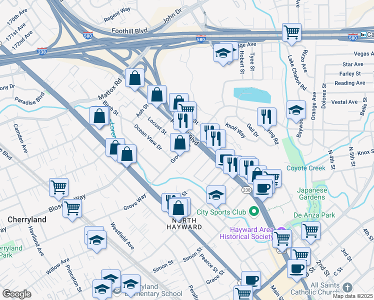 map of restaurants, bars, coffee shops, grocery stores, and more near 1321 Grove Way in Hayward