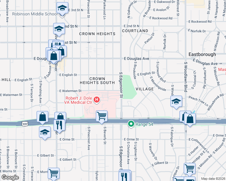 map of restaurants, bars, coffee shops, grocery stores, and more near 5500 East Waterman Street in Wichita