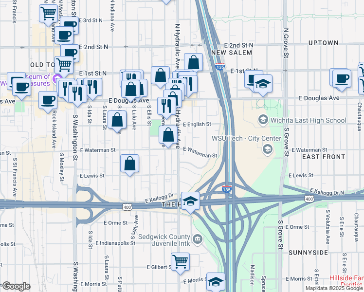 map of restaurants, bars, coffee shops, grocery stores, and more near 1706 East Waterman Street in Wichita