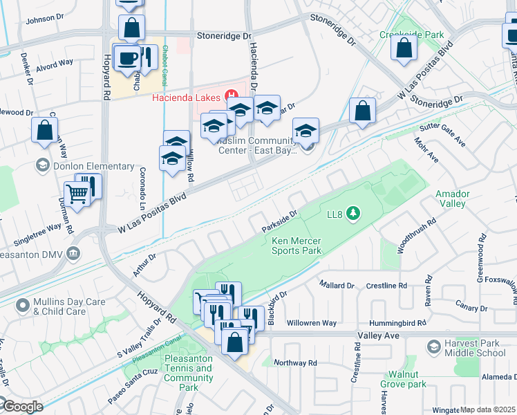 map of restaurants, bars, coffee shops, grocery stores, and more near 3235 Curtis Circle in Pleasanton