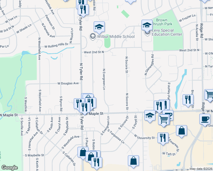 map of restaurants, bars, coffee shops, grocery stores, and more near 110 South Evergreen Lane in Wichita