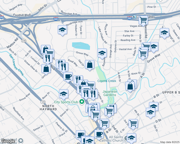 map of restaurants, bars, coffee shops, grocery stores, and more near 21735 Gail Drive in Castro Valley