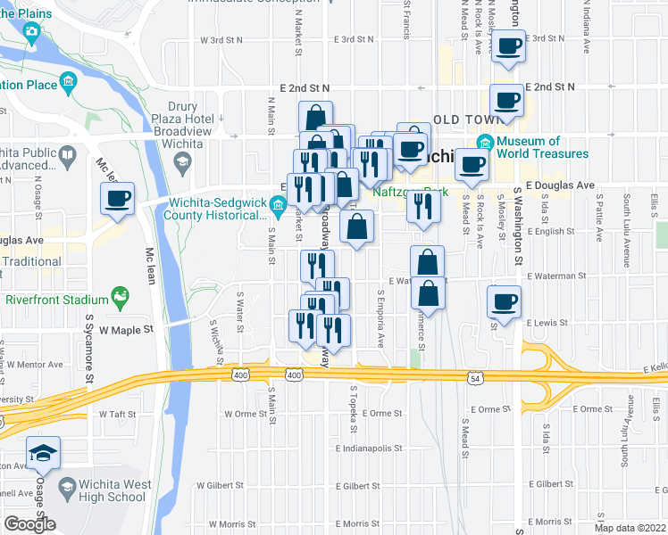 map of restaurants, bars, coffee shops, grocery stores, and more near 320 South Broadway Street in Wichita