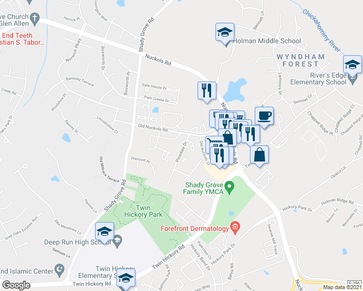 map of restaurants, bars, coffee shops, grocery stores, and more near 11524 Pinedale Drive in Glen Allen
