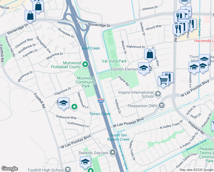 map of restaurants, bars, coffee shops, grocery stores, and more near 6851 Heath Court in Pleasanton