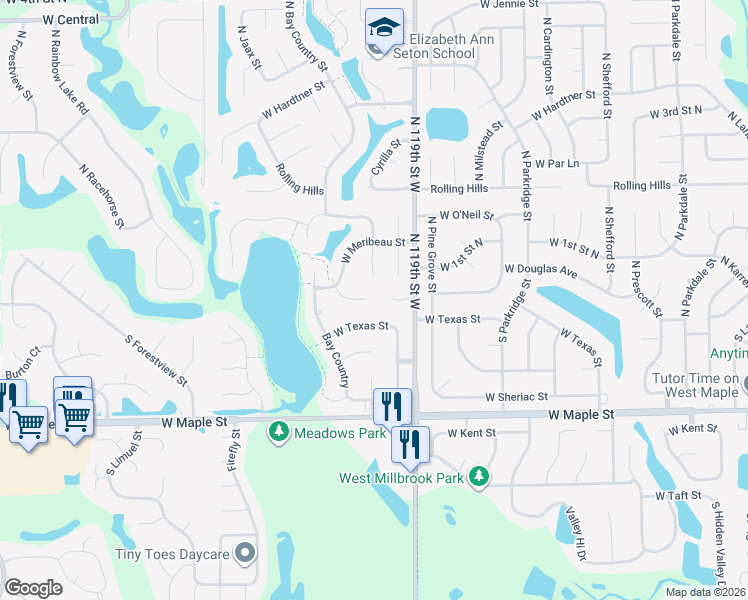 map of restaurants, bars, coffee shops, grocery stores, and more near 12339 Meribeau Court in Wichita