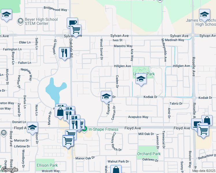 map of restaurants, bars, coffee shops, grocery stores, and more near 2421 Kiska Drive in Modesto