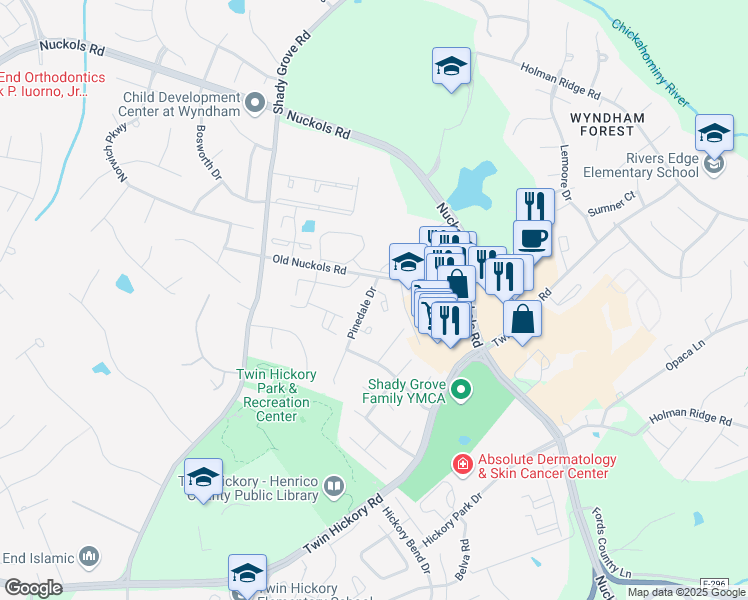map of restaurants, bars, coffee shops, grocery stores, and more near 11537 Pinedale Drive in Glen Allen