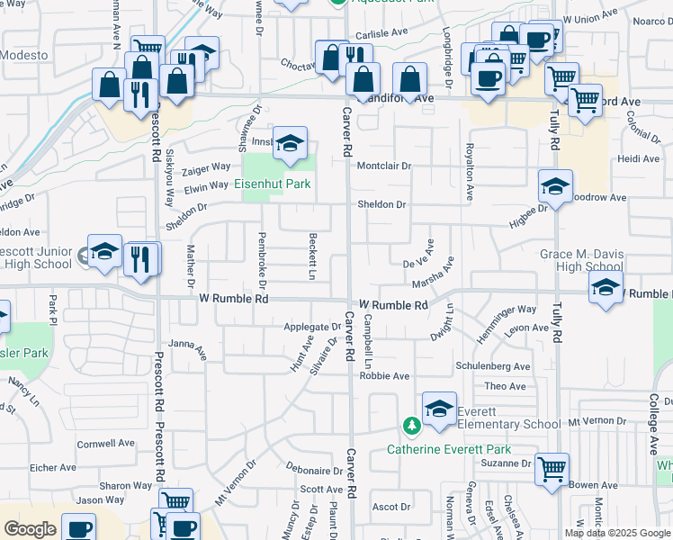 map of restaurants, bars, coffee shops, grocery stores, and more near 3020 Radnor Way in Modesto