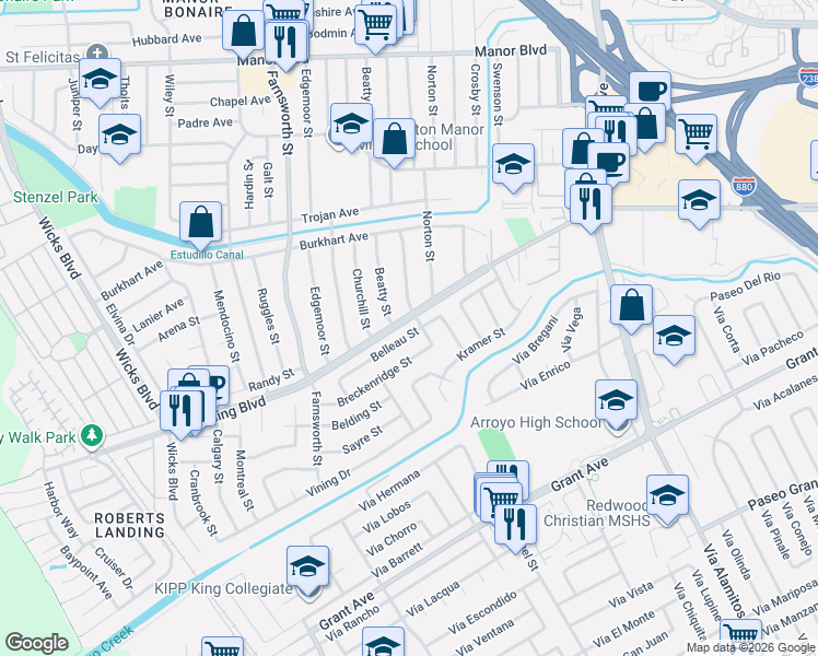 map of restaurants, bars, coffee shops, grocery stores, and more near 1075 Belleau Street in San Leandro
