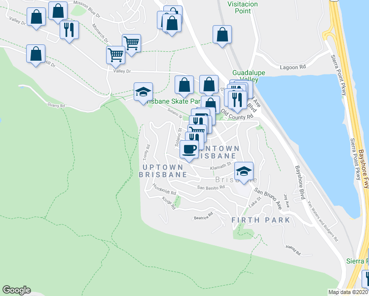 map of restaurants, bars, coffee shops, grocery stores, and more near 460 Mendocino Street in Brisbane