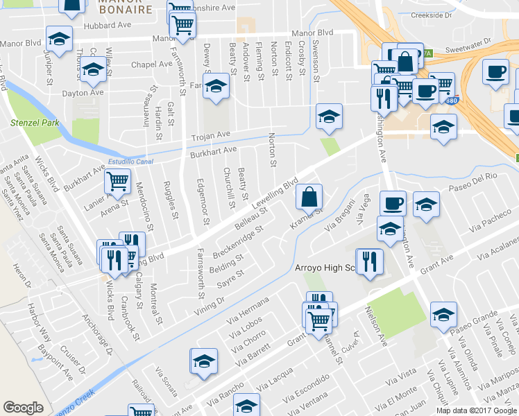 map of restaurants, bars, coffee shops, grocery stores, and more near 1075 Belleau Street in San Leandro