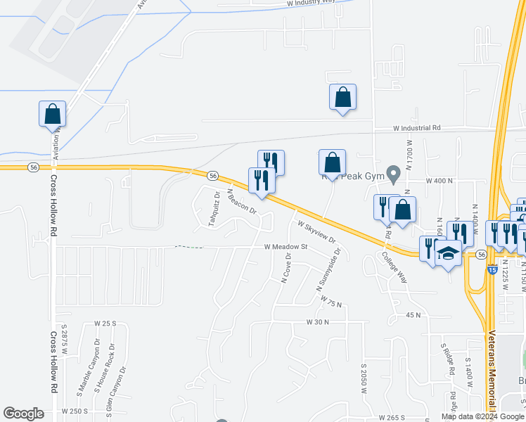 map of restaurants, bars, coffee shops, grocery stores, and more near 302 North Torrey Pines Circle in Cedar City