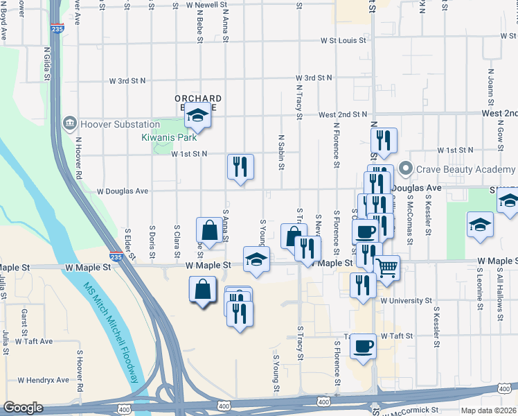 map of restaurants, bars, coffee shops, grocery stores, and more near 131 South Young Street in Wichita