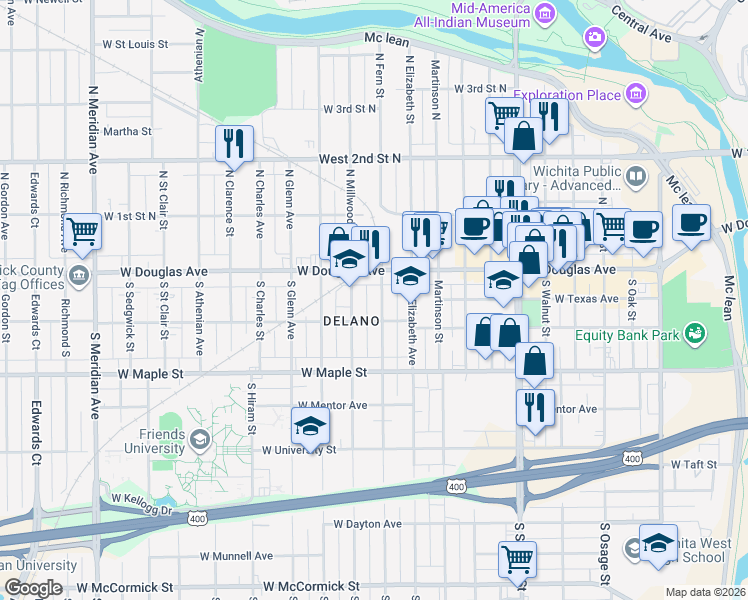 map of restaurants, bars, coffee shops, grocery stores, and more near 131 South Fern Street in Wichita