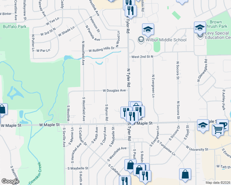 map of restaurants, bars, coffee shops, grocery stores, and more near 8909 West Douglas Avenue in Wichita