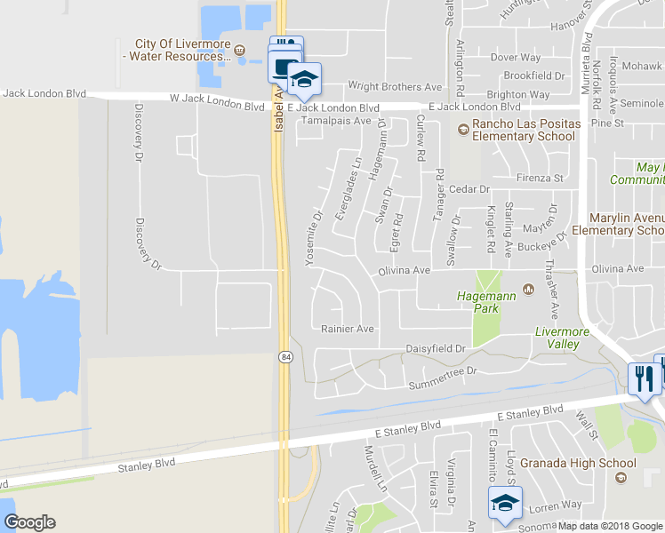 map of restaurants, bars, coffee shops, grocery stores, and more near 377 Yosemite Drive in Livermore