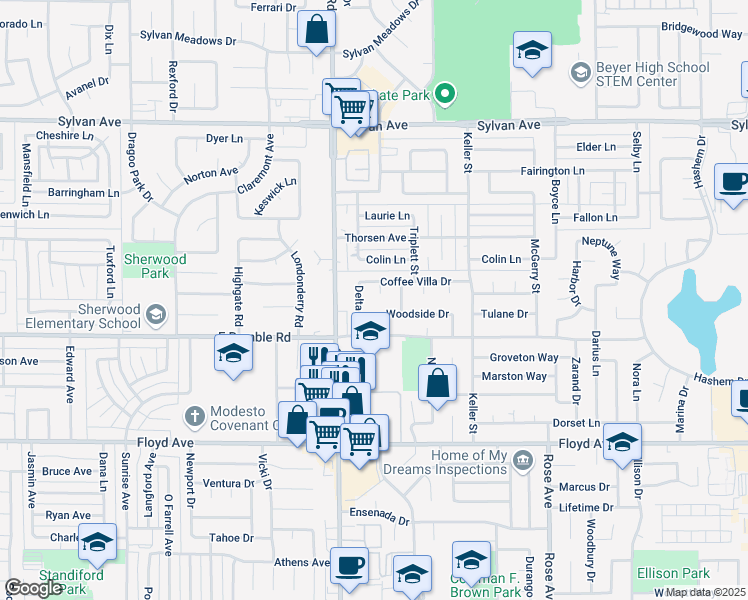 map of restaurants, bars, coffee shops, grocery stores, and more near 3103 Delta Avenue in Modesto
