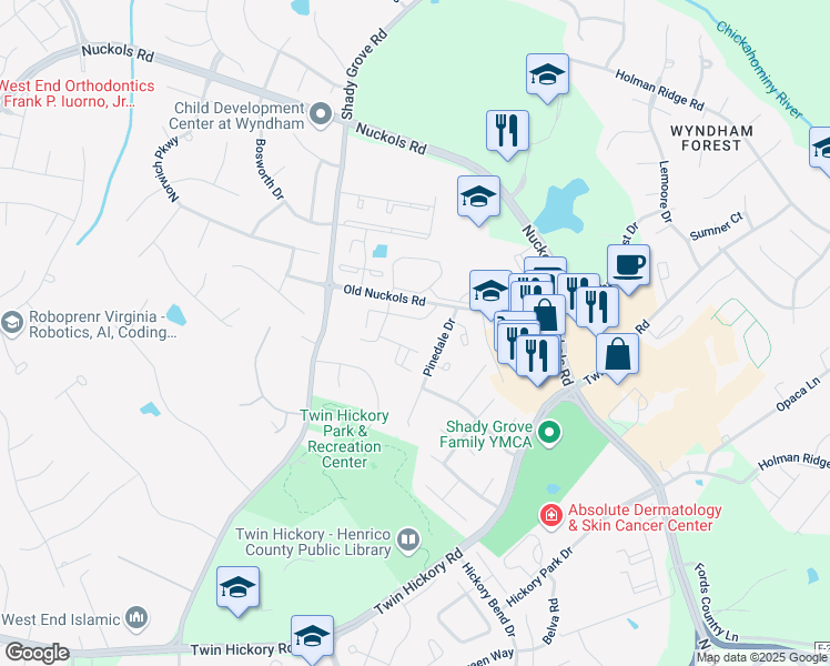 map of restaurants, bars, coffee shops, grocery stores, and more near 1345 New Haven Court in Glen Allen
