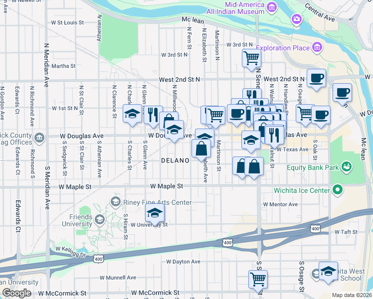 map of restaurants, bars, coffee shops, grocery stores, and more near 129-131 S Fern St in Wichita