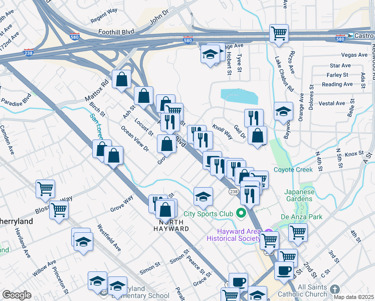 map of restaurants, bars, coffee shops, grocery stores, and more near 21565 California 238 in Hayward