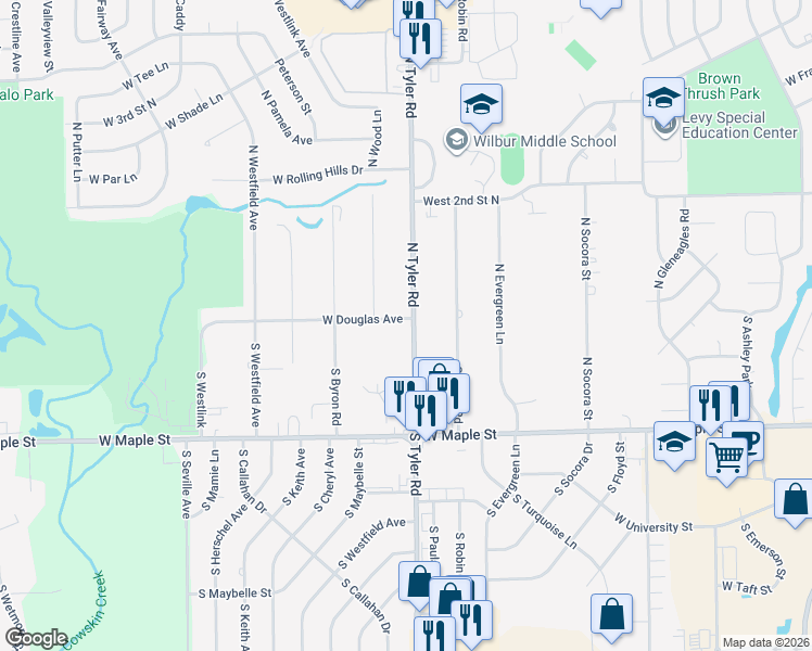 map of restaurants, bars, coffee shops, grocery stores, and more near 101 South Tyler Road in Wichita